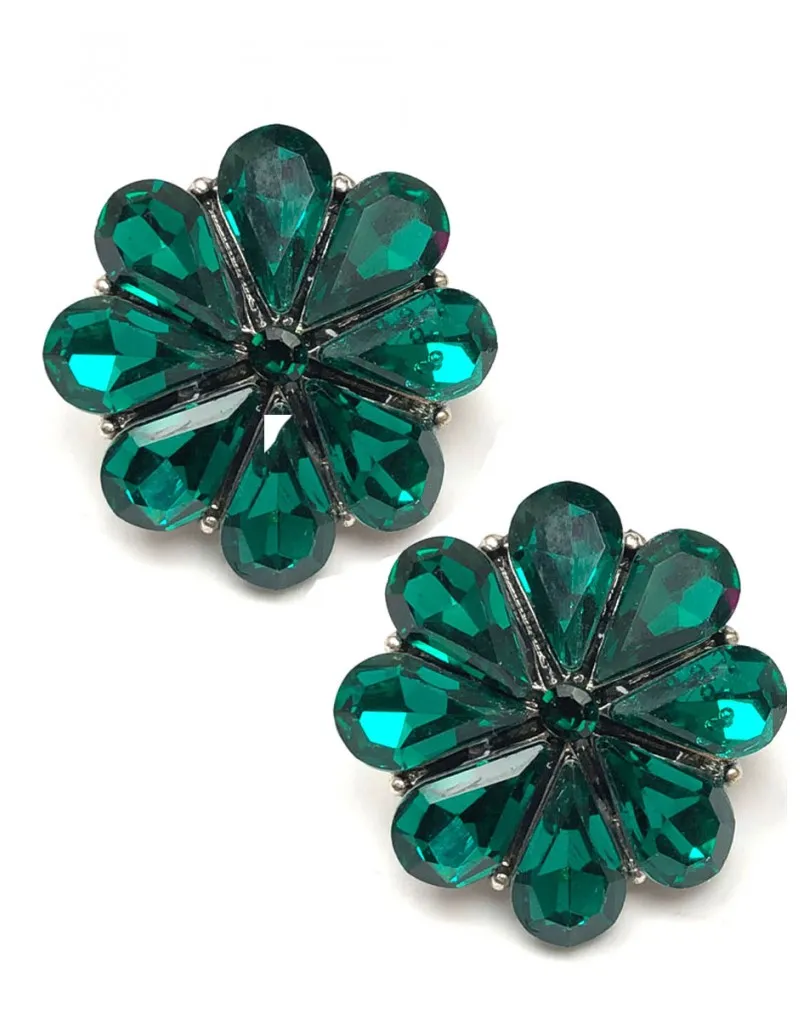 PENDIENTES DE CLIP CON FLOR VERDE EN CRISTAL BRILLO PARA BODAS