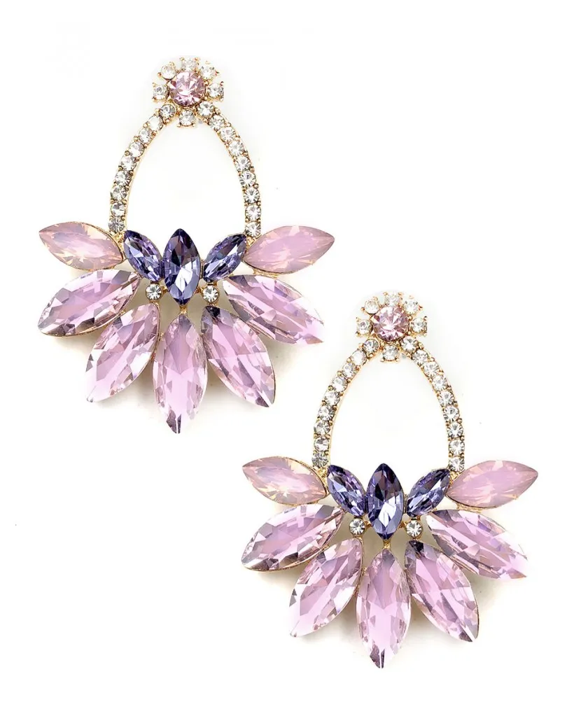 PENDIENTES DE FIESTA ROSAS Y LILAS CON DECORACION CRISTAL BRILLO
