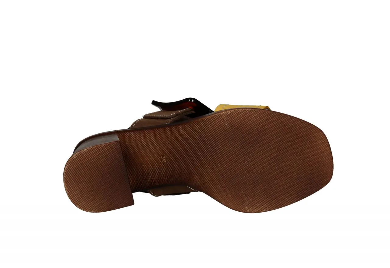 Sandalia Nobuck Marron Tira Pala Mostaza Hebilla Cuadrada Marron Tacon Aristas Alto