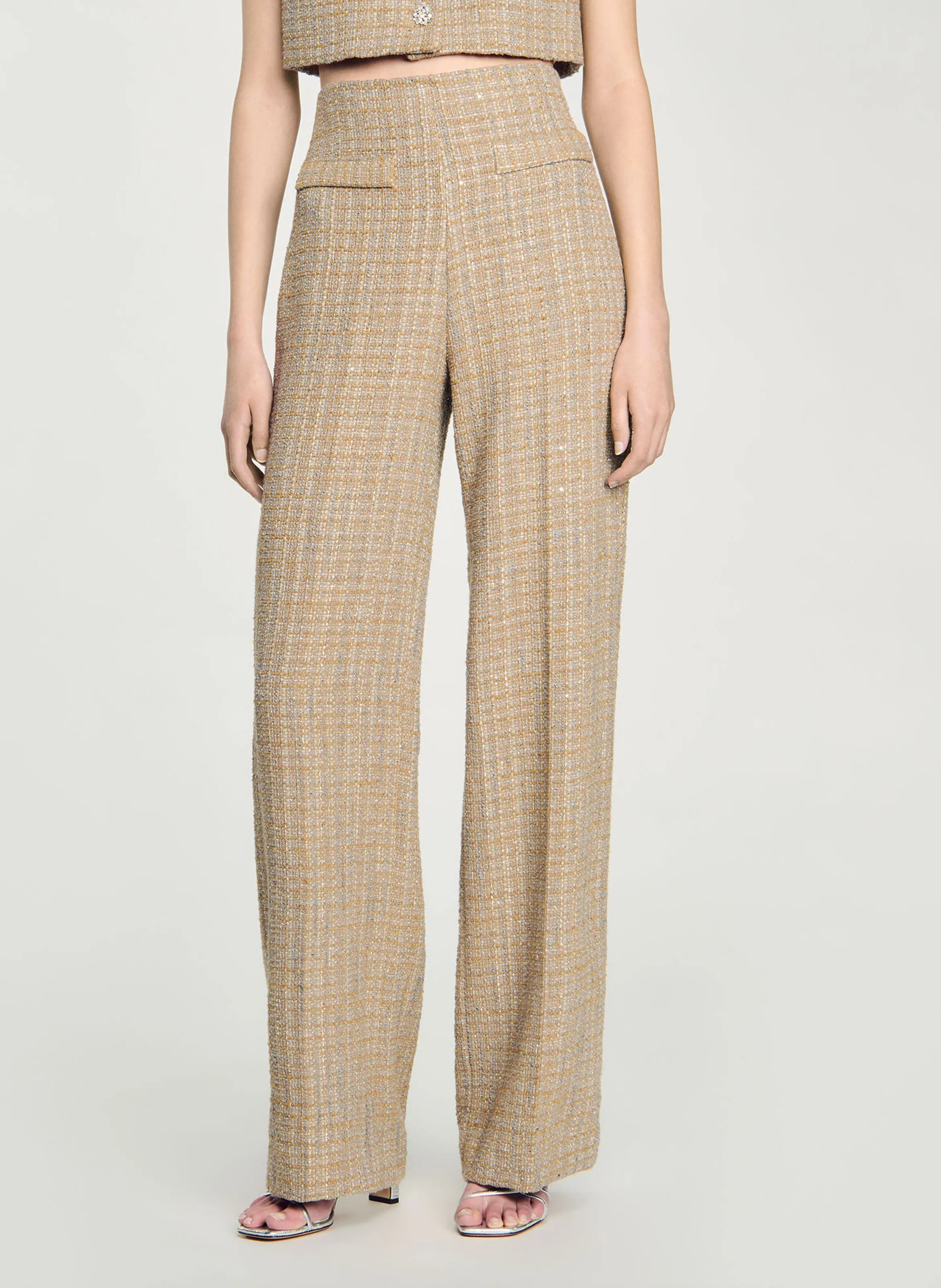 SANDRO Pantalón de tweed recto de talle alto en marron