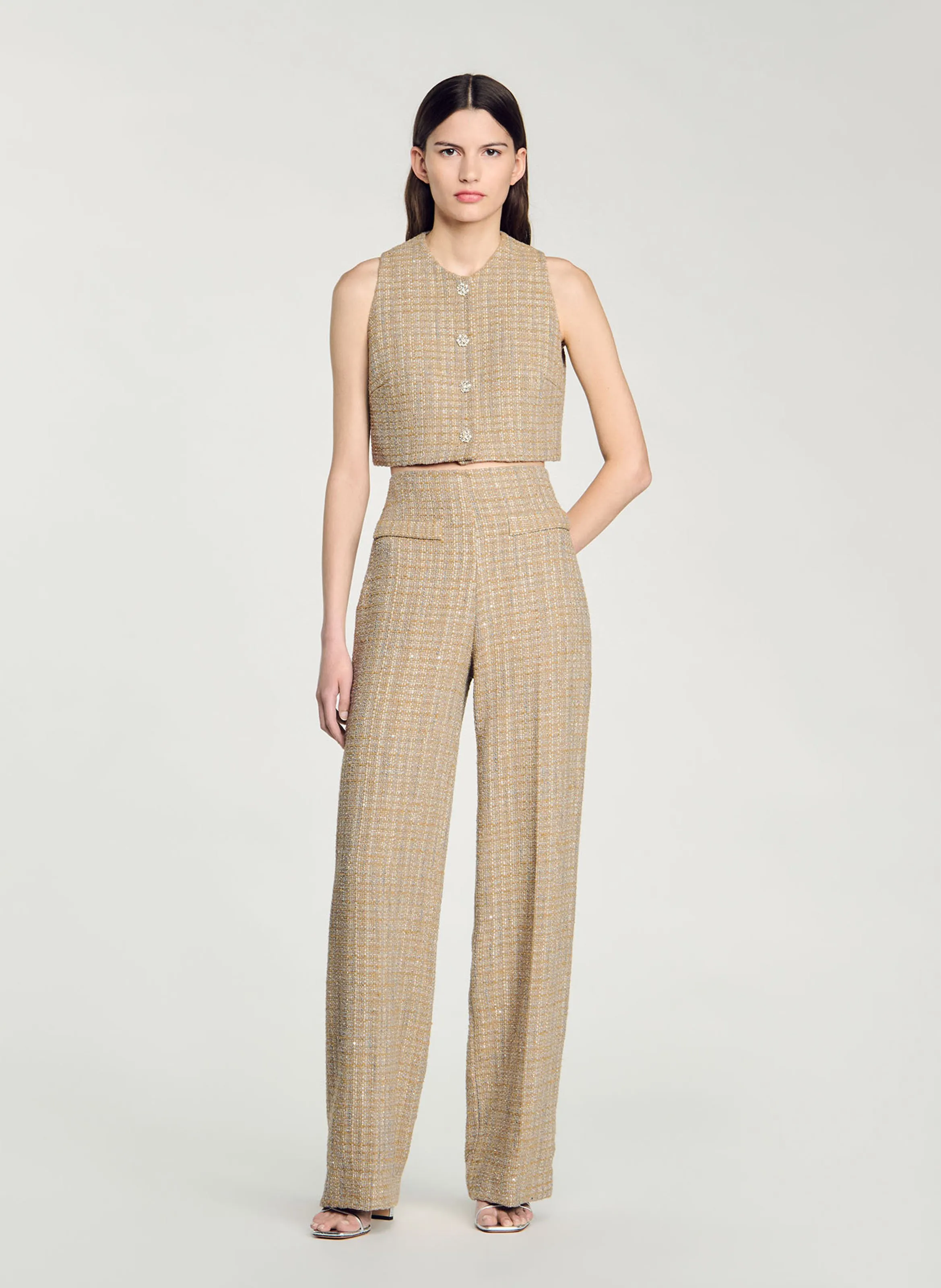 SANDRO Pantalón de tweed recto de talle alto en marron