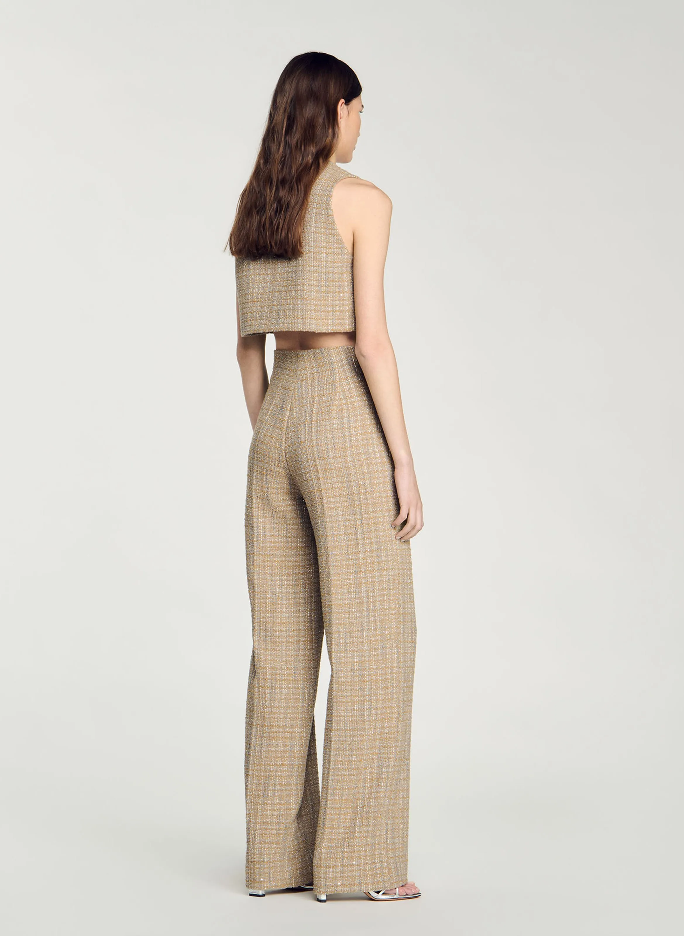 SANDRO Pantalón de tweed recto de talle alto en marron