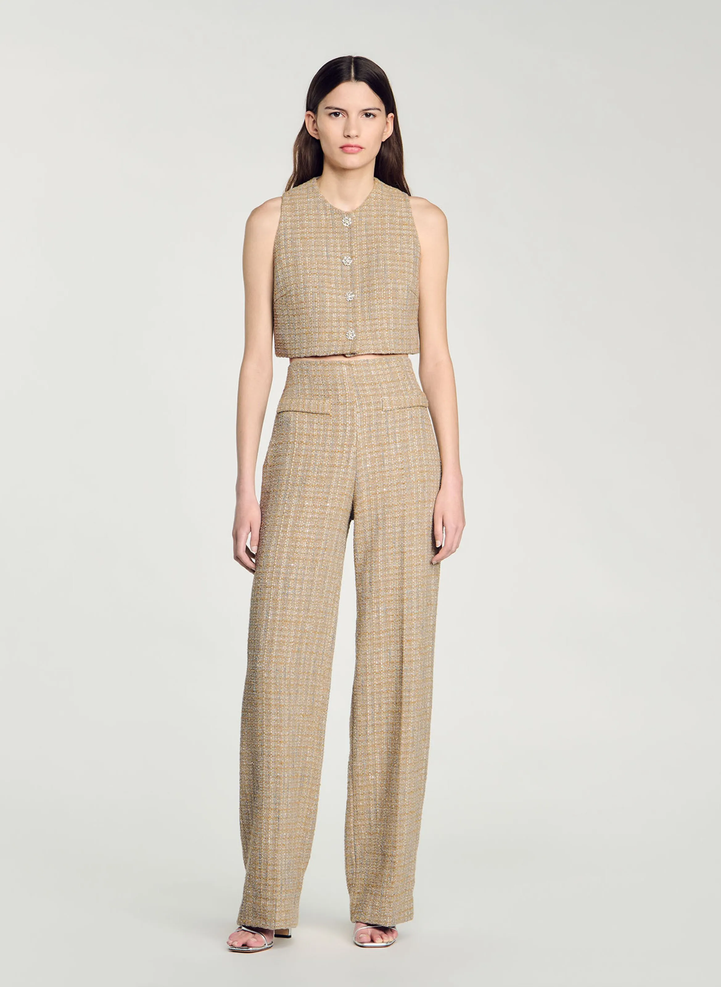 SANDRO Pantalón de tweed recto de talle alto en marron