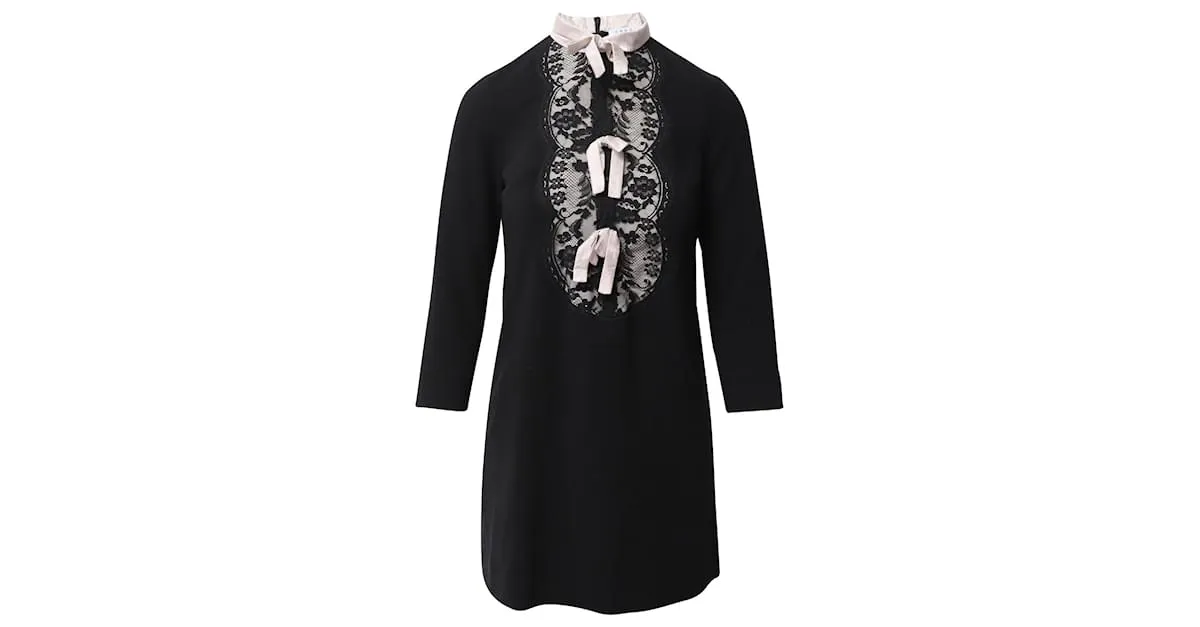 Sandro Paris Vestido con cuello con lazo y encaje en poliéster negro 