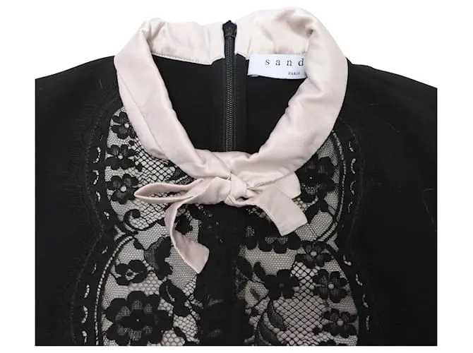 Sandro Paris Vestido con cuello con lazo y encaje en poliéster negro 