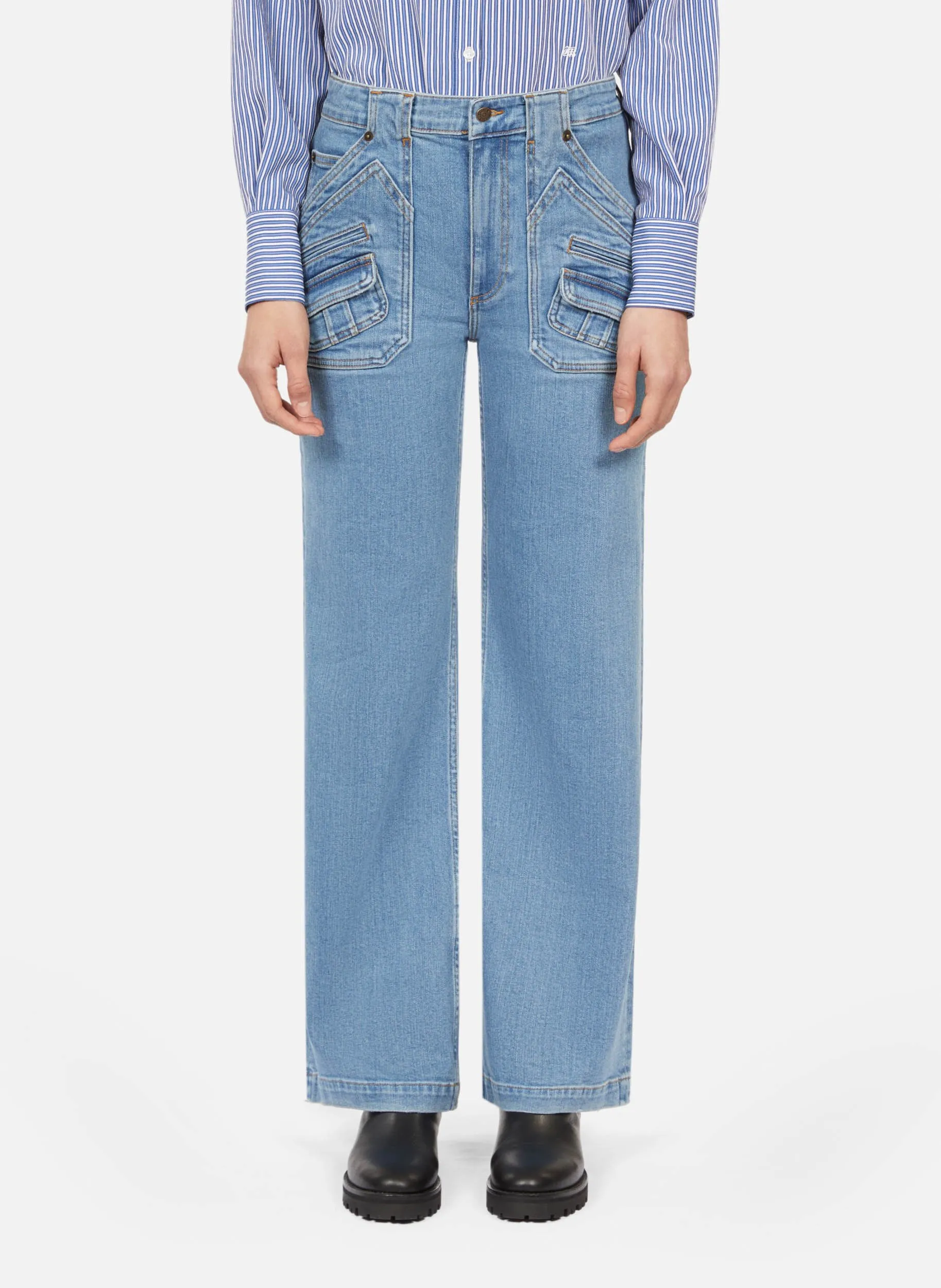 THE KOOPLES Pantalón acampanado de talle alto en mezcla de algodón en azul
