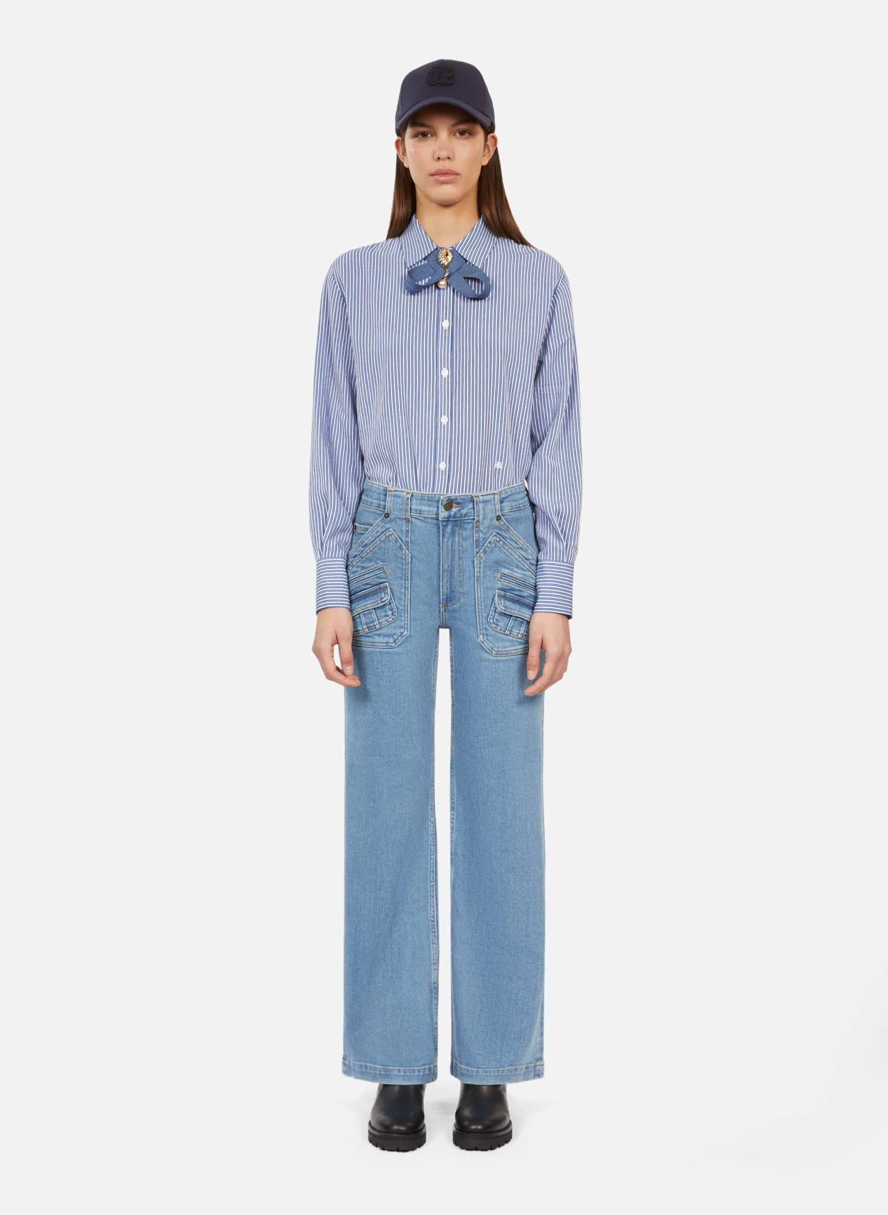 THE KOOPLES Pantalón acampanado de talle alto en mezcla de algodón en azul