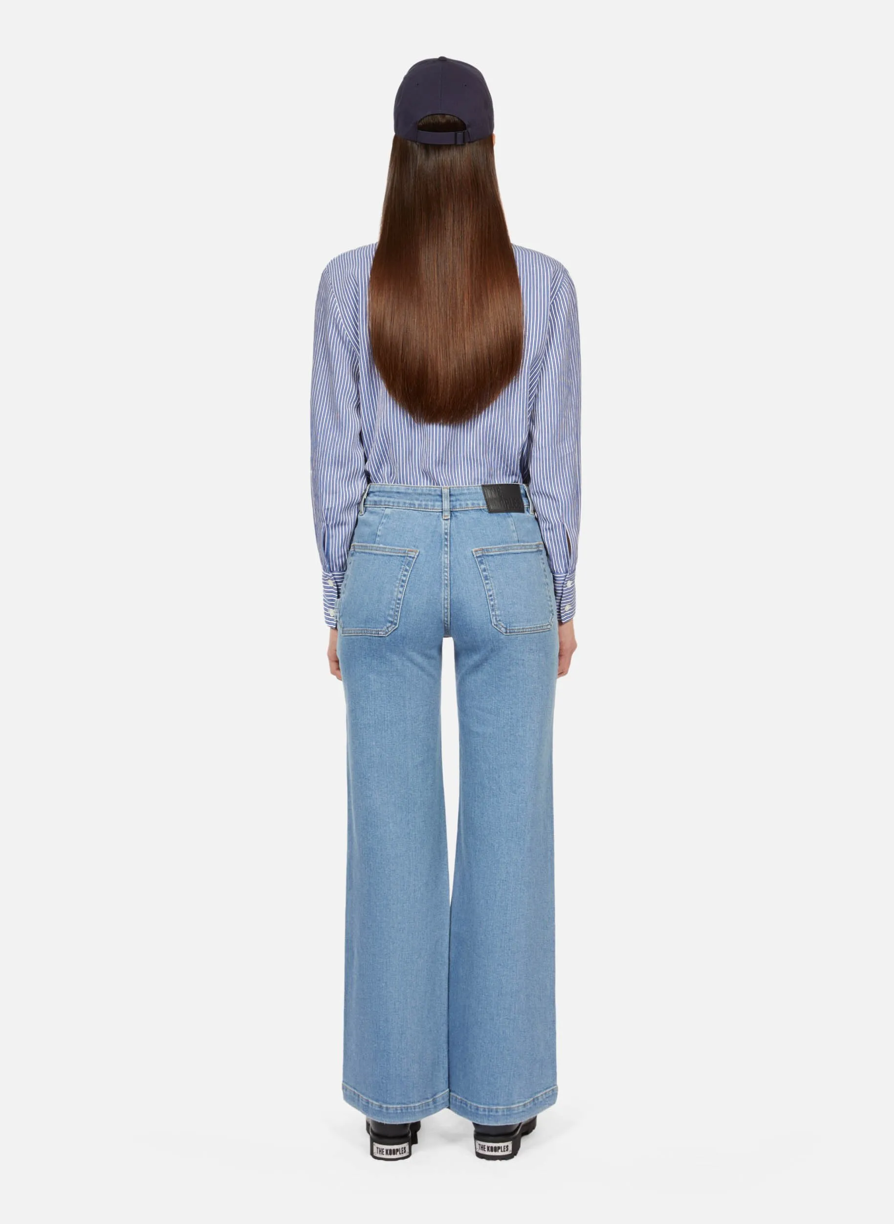 THE KOOPLES Pantalón acampanado de talle alto en mezcla de algodón en azul