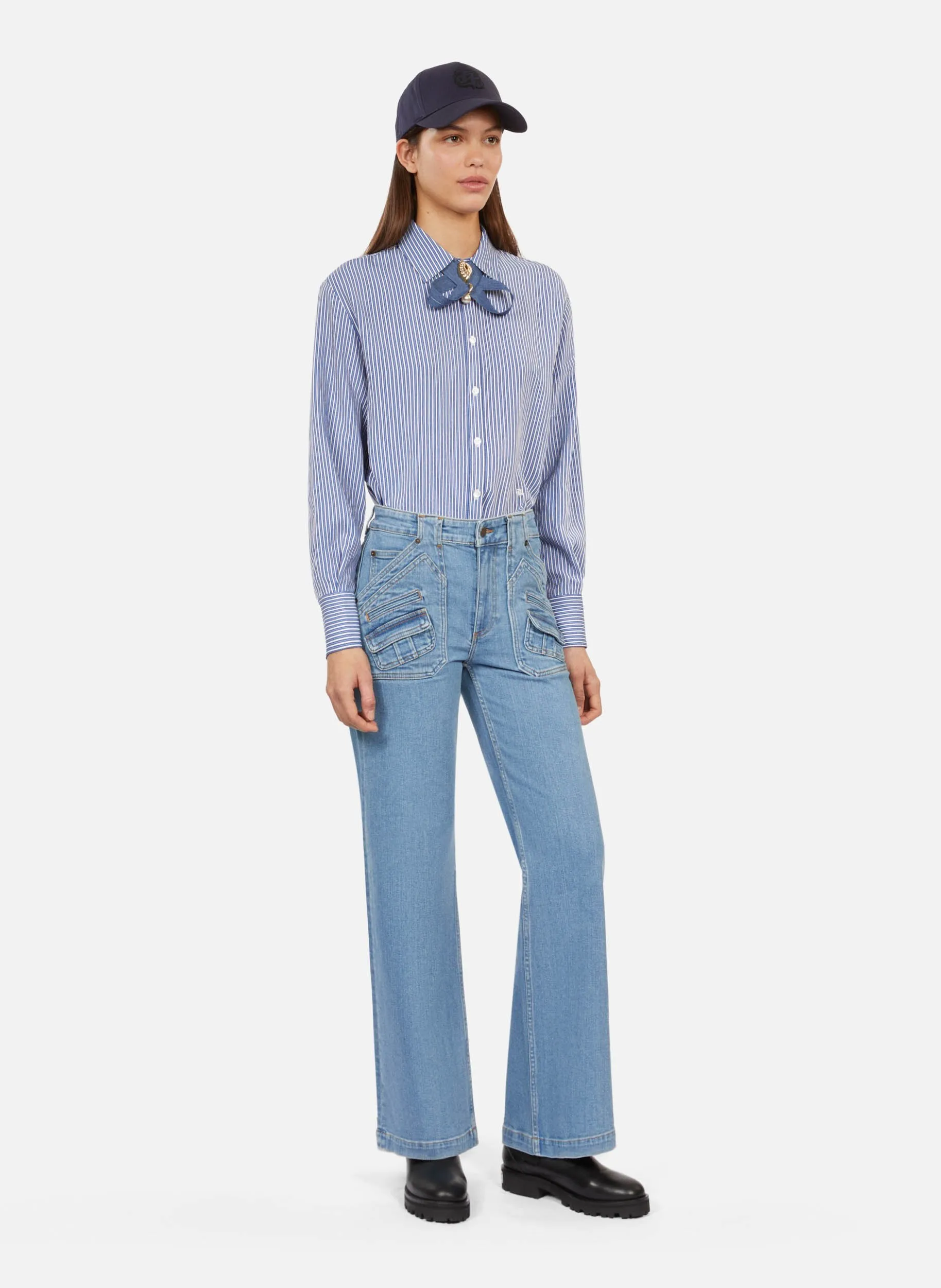 THE KOOPLES Pantalón acampanado de talle alto en mezcla de algodón en azul
