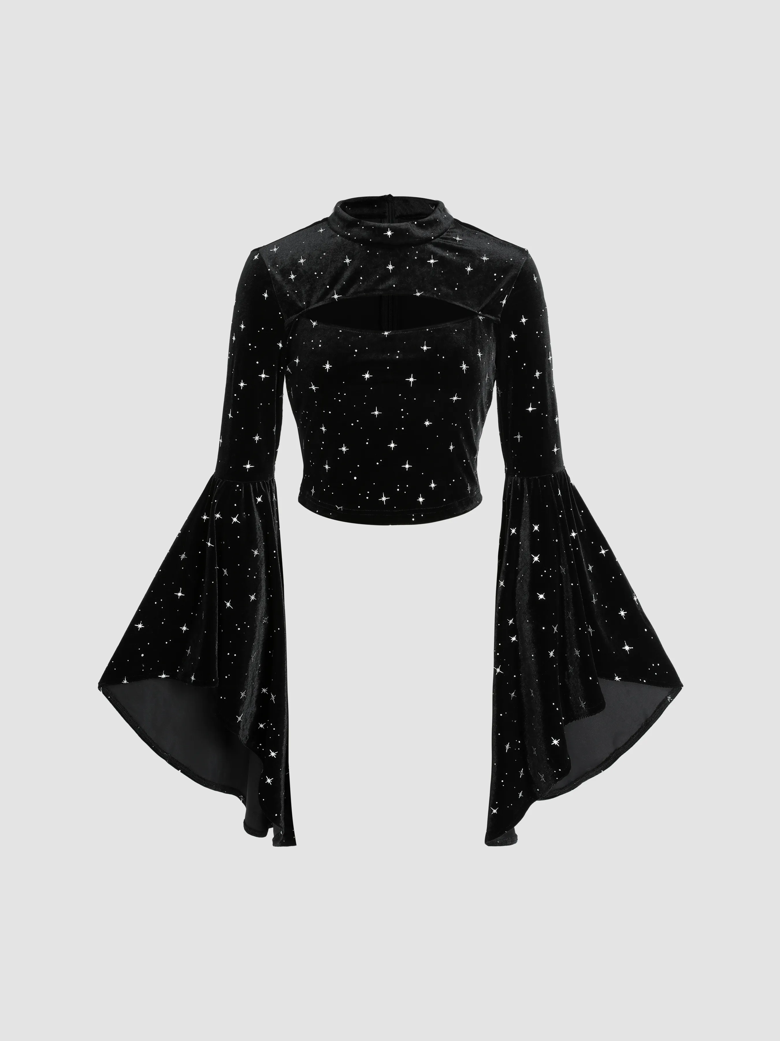  Top Corto de Terciopelo con Estampado de Estrellas y Mangas Acampanadas