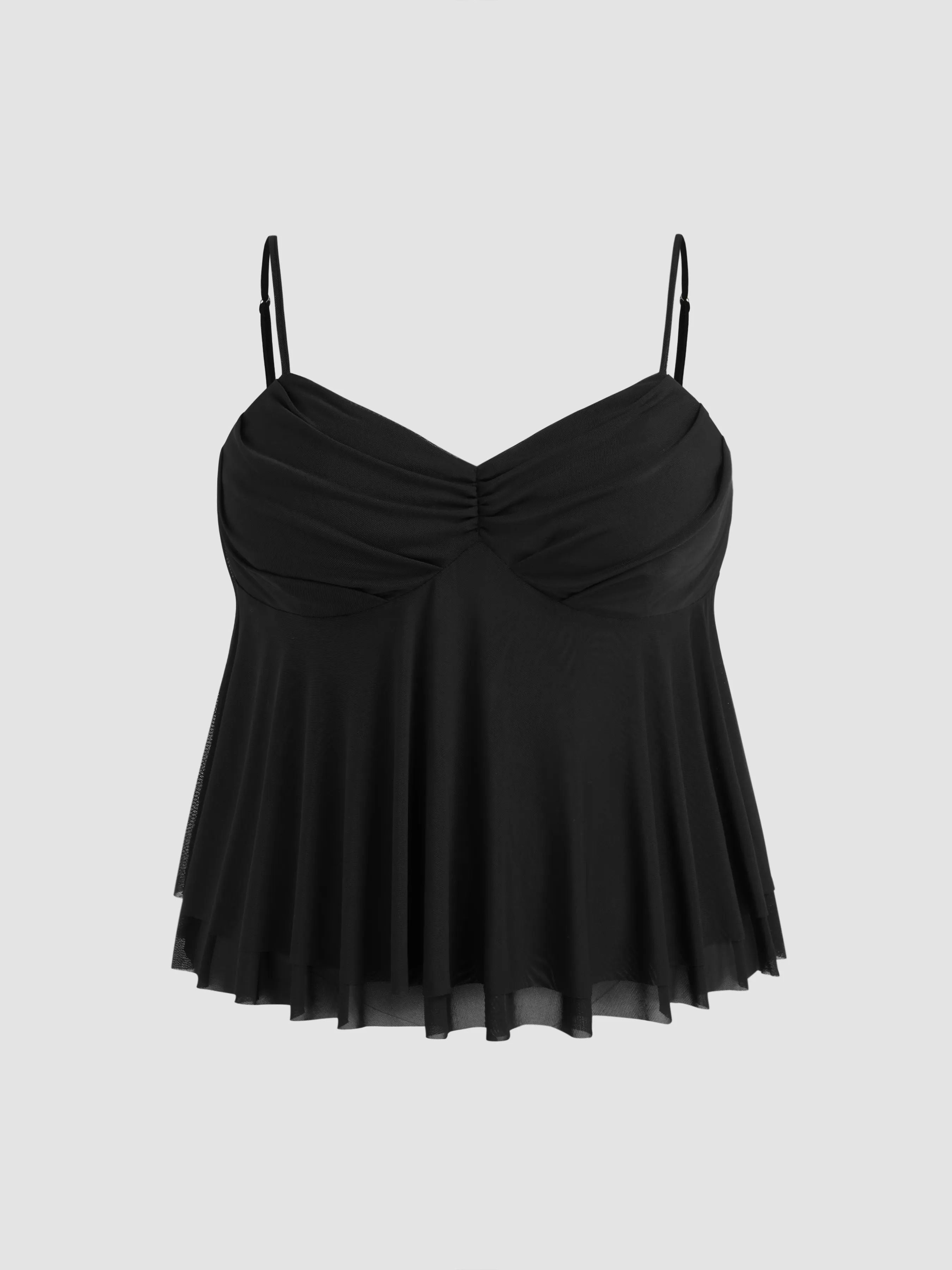 Top de malla con cuello en V sólido con fruncido y volantes Curvy
