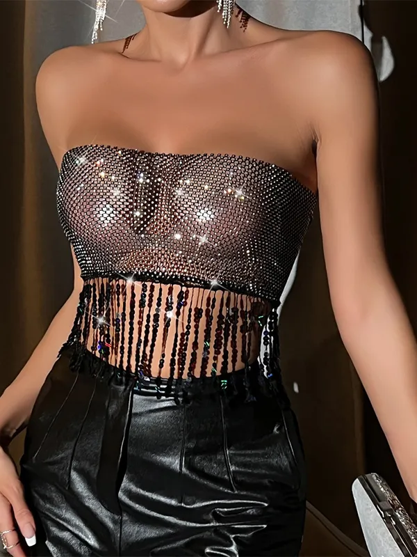 Top palabra de honor transparente con dobladillo con borlas de diamantes de imitación