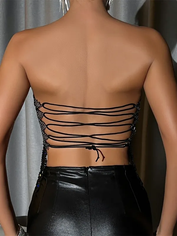 Top palabra de honor transparente con dobladillo con borlas de diamantes de imitación