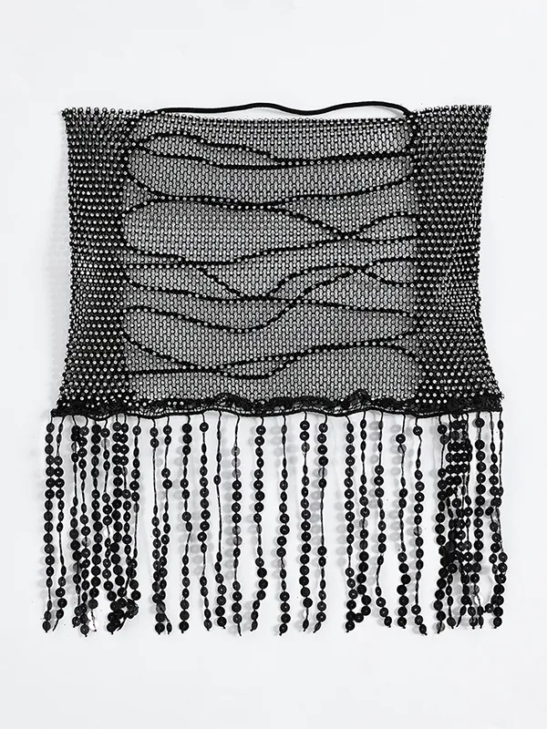 Top palabra de honor transparente con dobladillo con borlas de diamantes de imitación