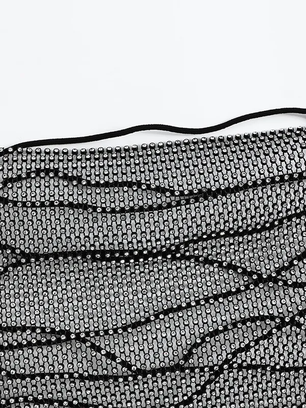 Top palabra de honor transparente con dobladillo con borlas de diamantes de imitación