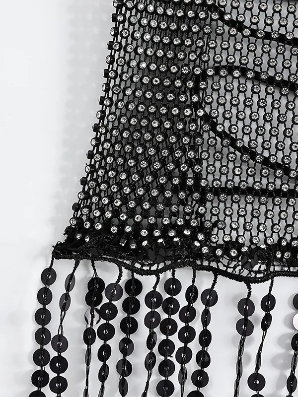 Top palabra de honor transparente con dobladillo con borlas de diamantes de imitación
