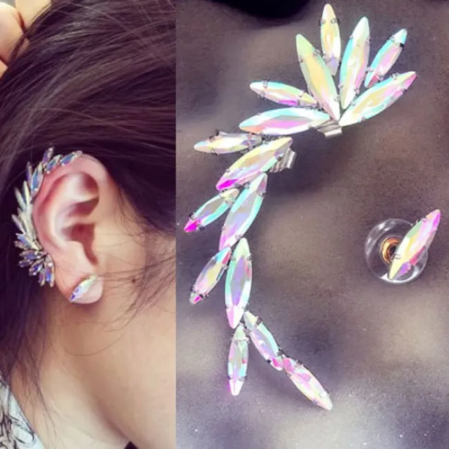 Unique Elf Wings White Crystal Asymmetrical Ear Clips Earrings 