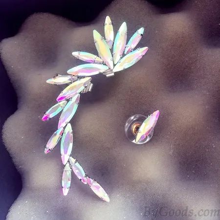 Unique Elf Wings White Crystal Asymmetrical Ear Clips Earrings 