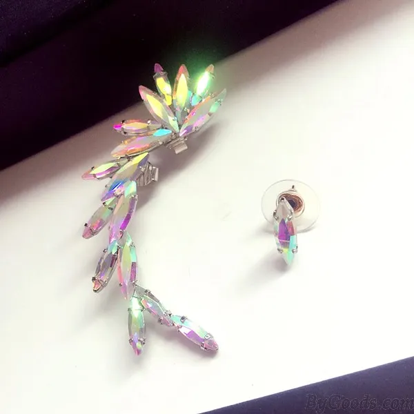 Unique Elf Wings White Crystal Asymmetrical Ear Clips Earrings 