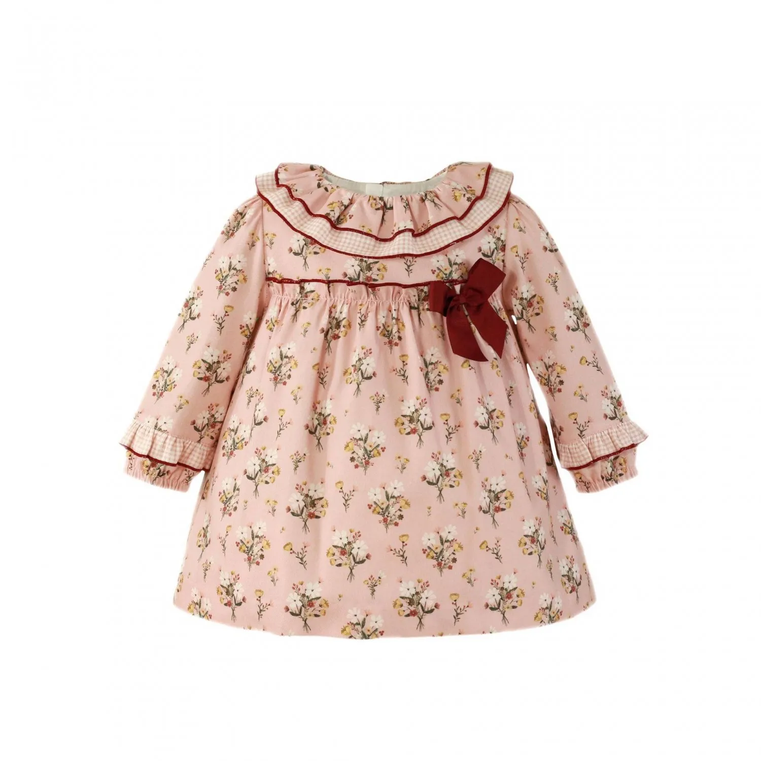 Vestido bebé niña con estampado flores en rosa y burdeos