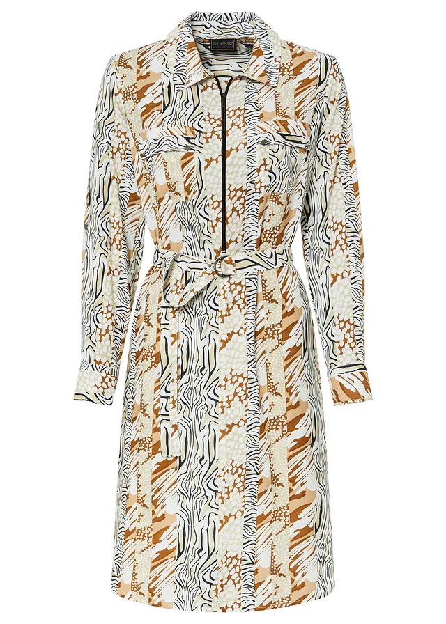VESTIDO CAMISERO CON CINTURóN BLANCO CREMABEIGE ARENANEGRO ESTAMPADO