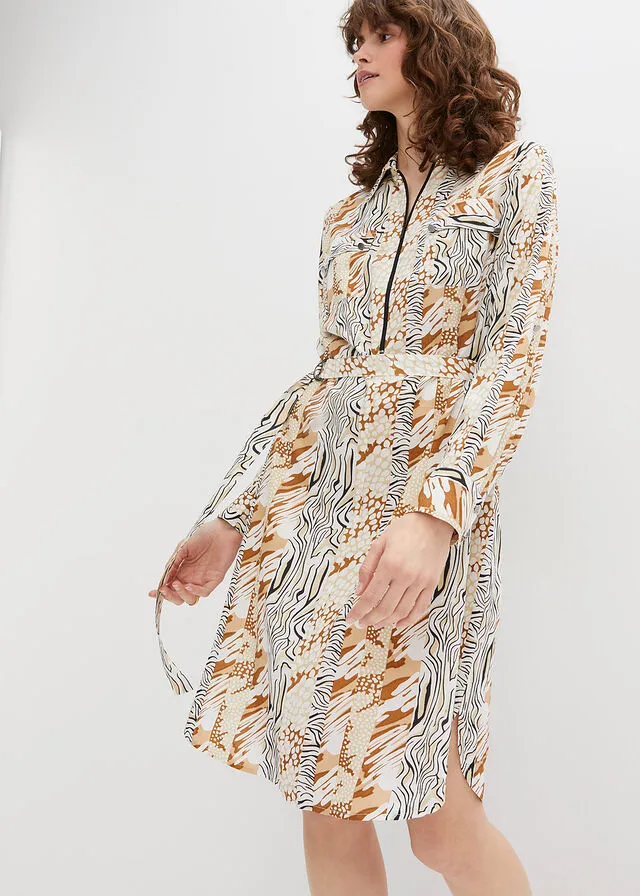 VESTIDO CAMISERO CON CINTURóN BLANCO CREMABEIGE ARENANEGRO ESTAMPADO