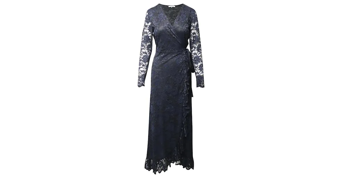 Vestido cruzado de encaje con volantes Ganni Flynn en poliamida azul marino 