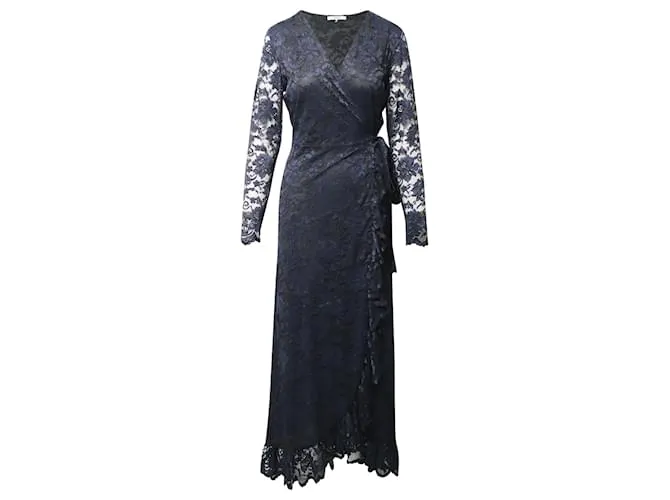 Vestido cruzado de encaje con volantes Ganni Flynn en poliamida azul marino 