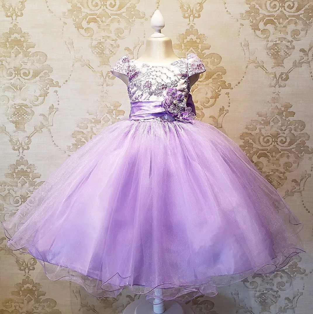 Vestido de Niña Fiesta Lila con Blanco Encaje Elegante Talla 2 a 8 años