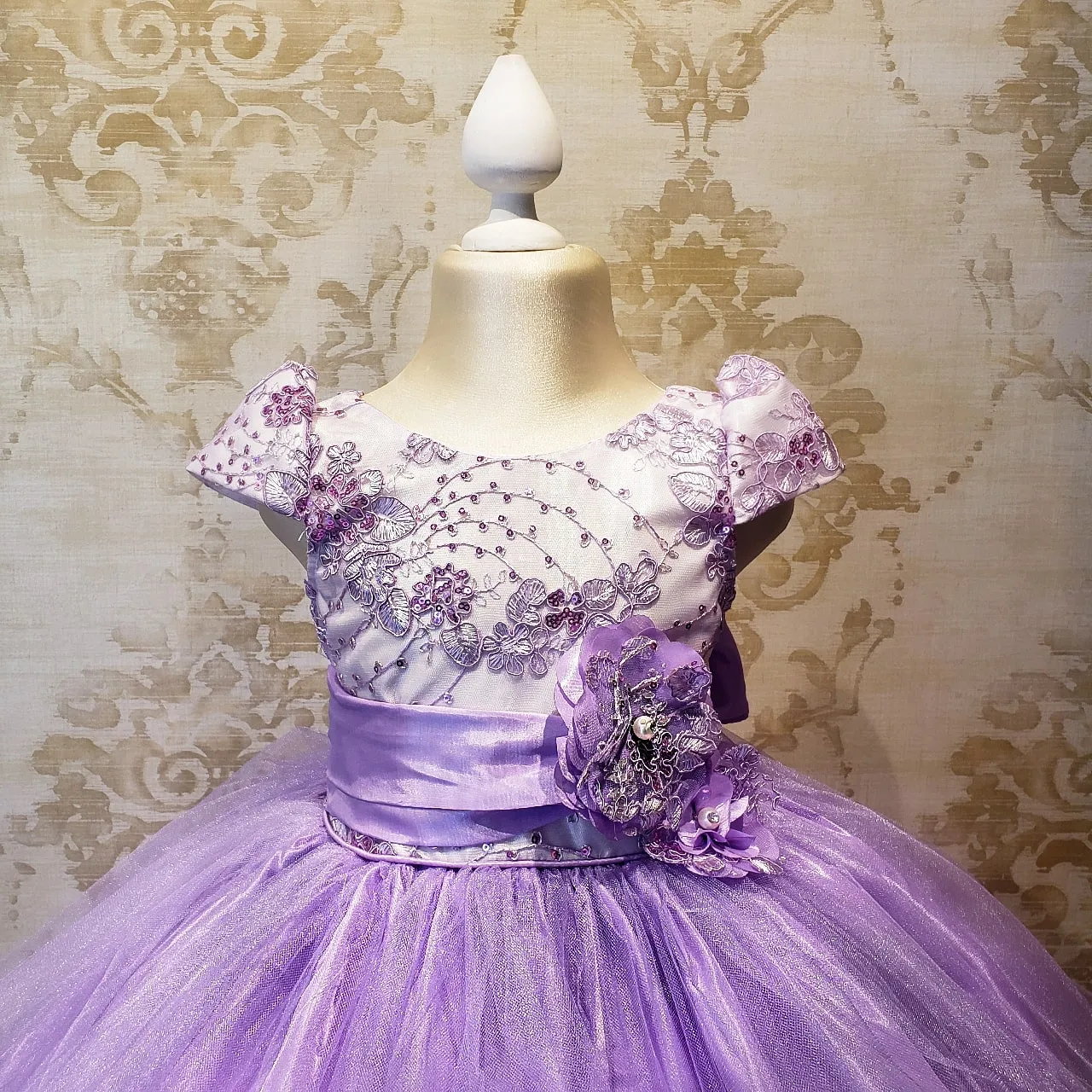Vestido de Niña Fiesta Lila con Blanco Encaje Elegante Talla 2 a 8 años