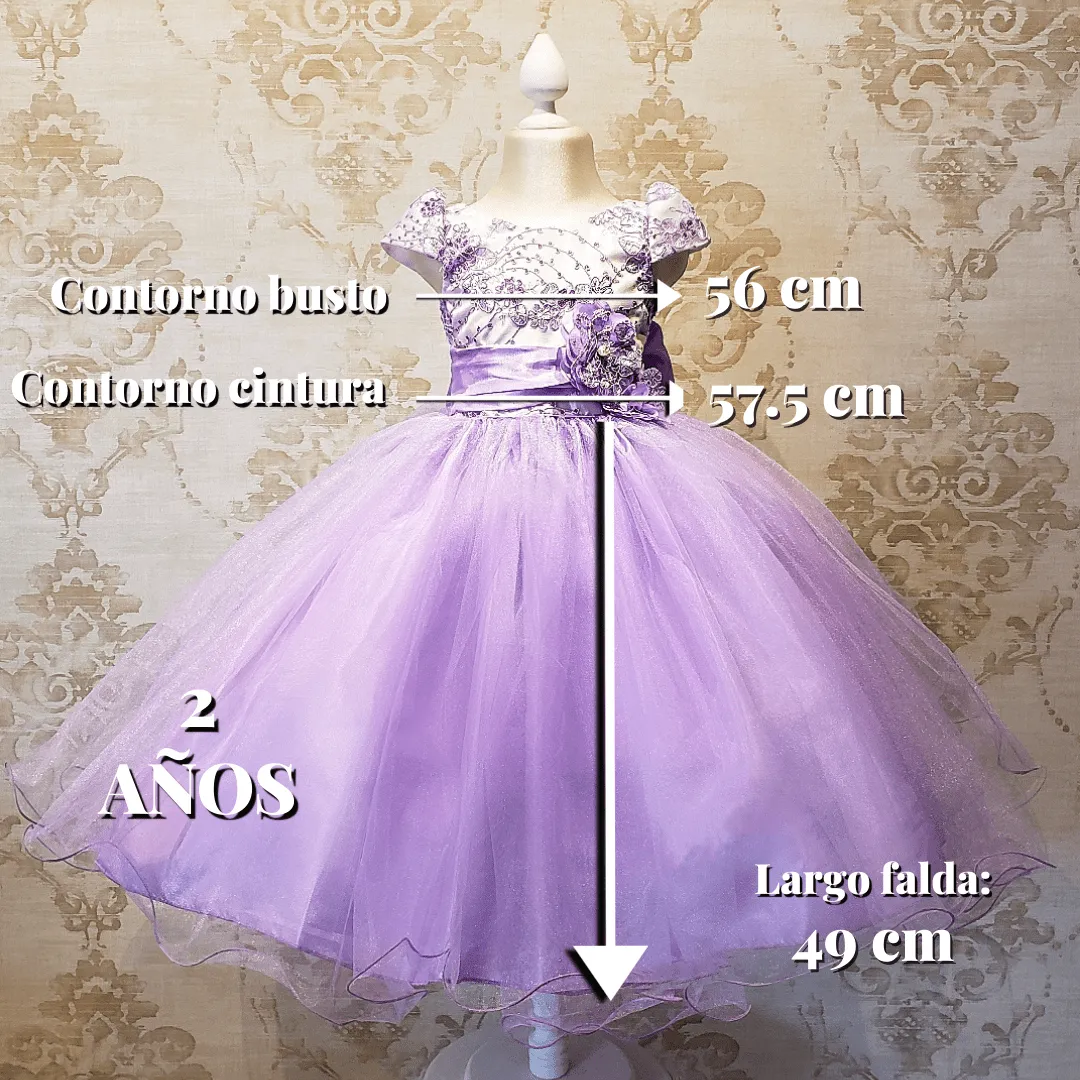Vestido de Niña Fiesta Lila con Blanco Encaje Elegante Talla 2 a 8 años
