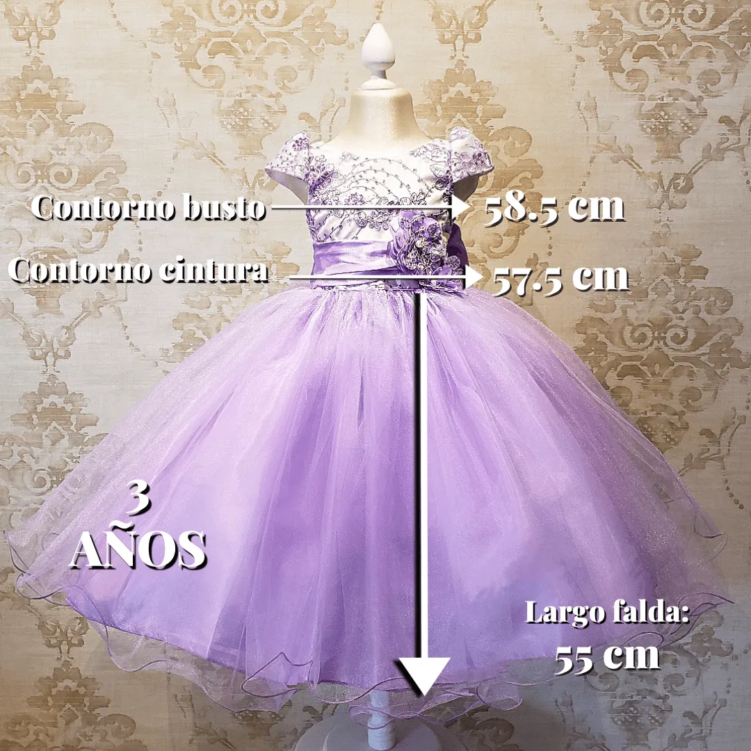 Vestido de Niña Fiesta Lila con Blanco Encaje Elegante Talla 2 a 8 años