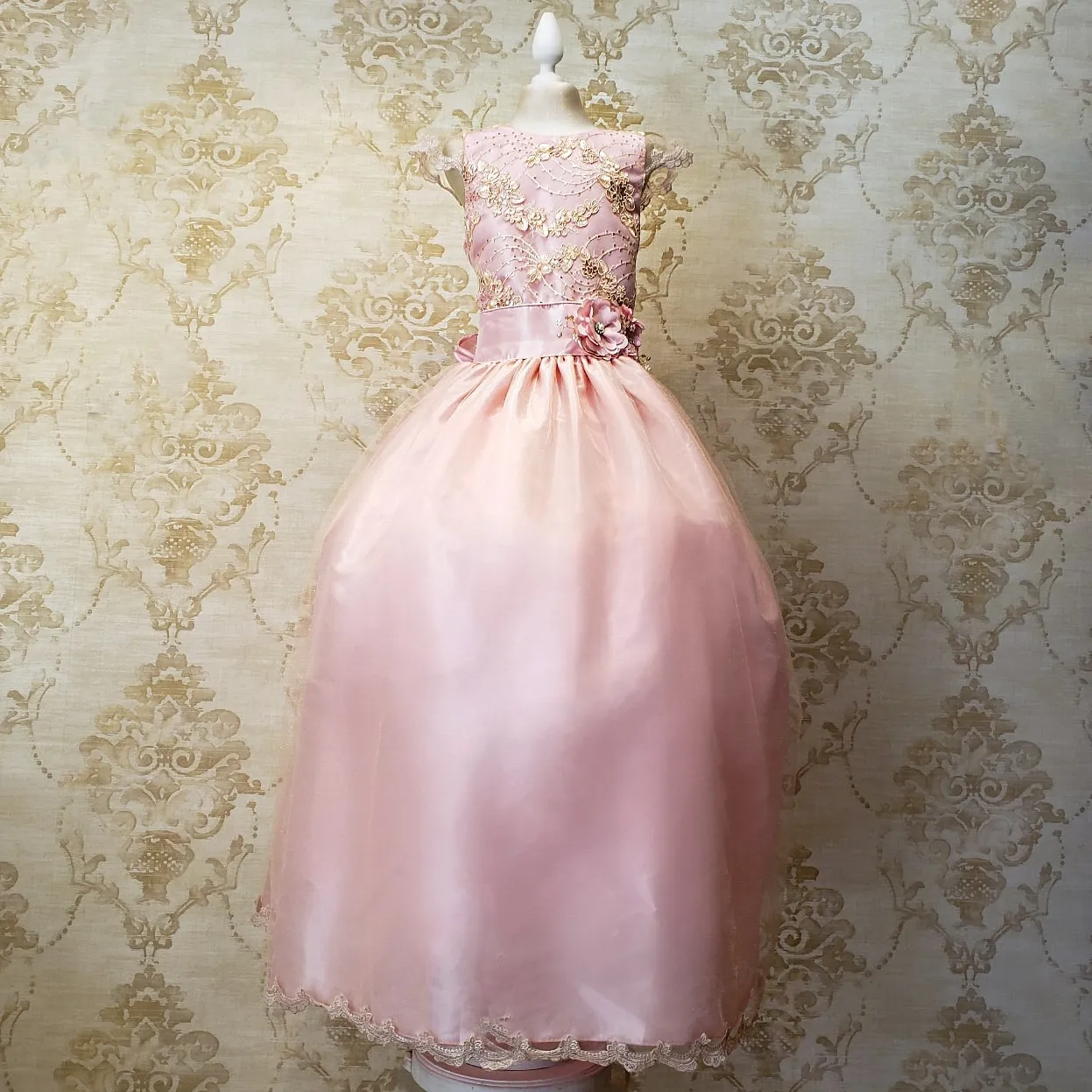 Vestido de Niña Fiesta Rosa Pastel con Encaje Oro Elegante Talla 14 a 16 Años