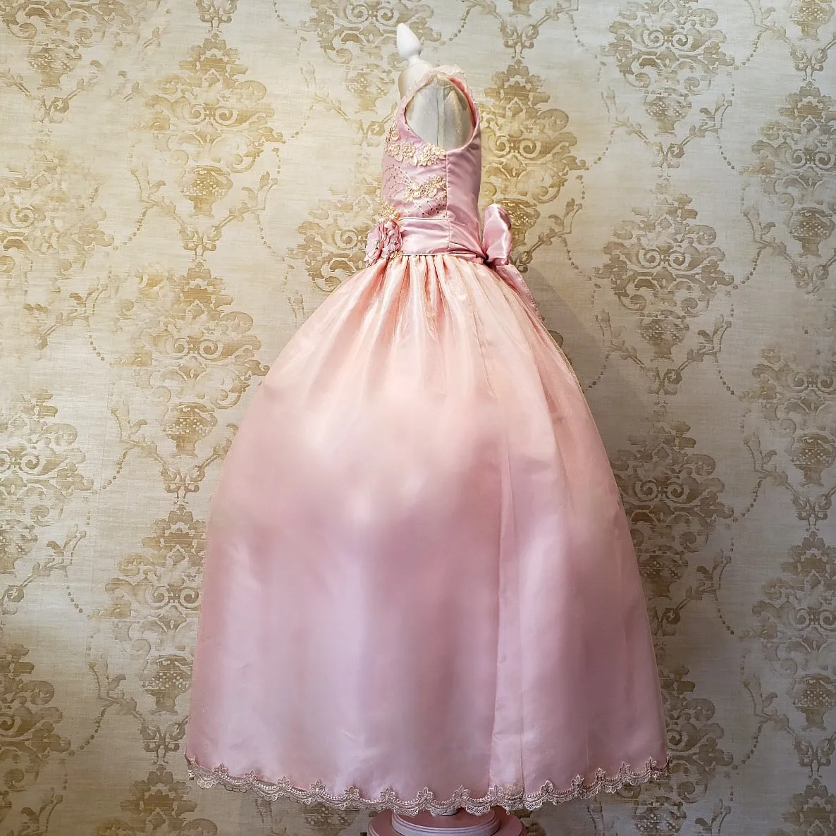 Vestido de Niña Fiesta Rosa Pastel con Encaje Oro Elegante Talla 14 a 16 Años