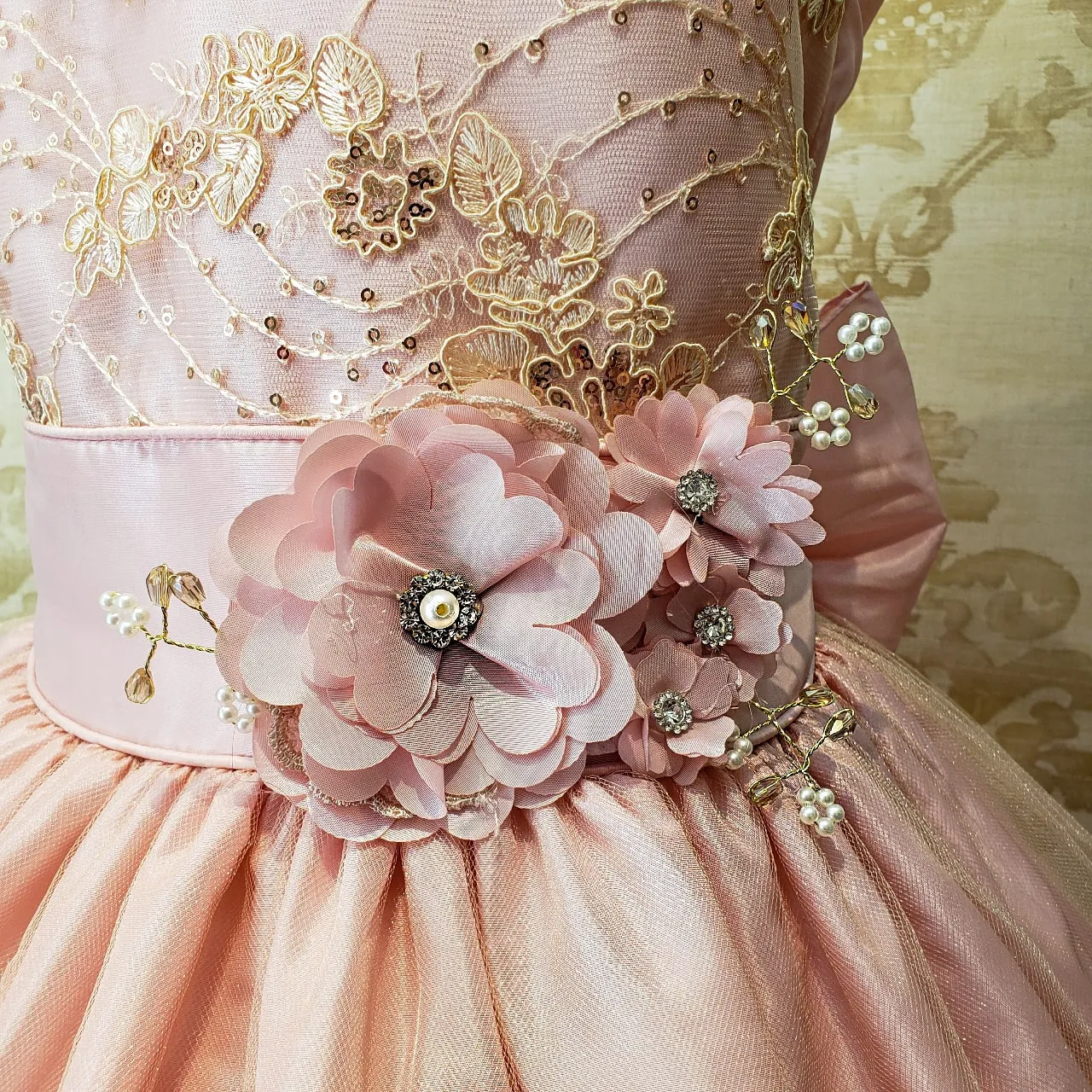 Vestido de Niña Fiesta Rosa Pastel con Encaje Oro Elegante Talla 14 a 16 Años