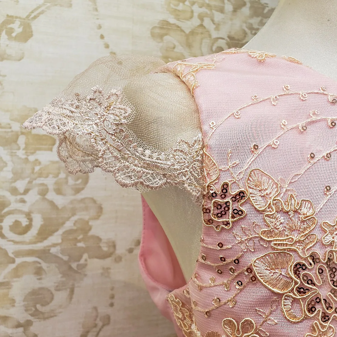 Vestido de Niña Fiesta Rosa Pastel con Encaje Oro Elegante Talla 14 a 16 Años