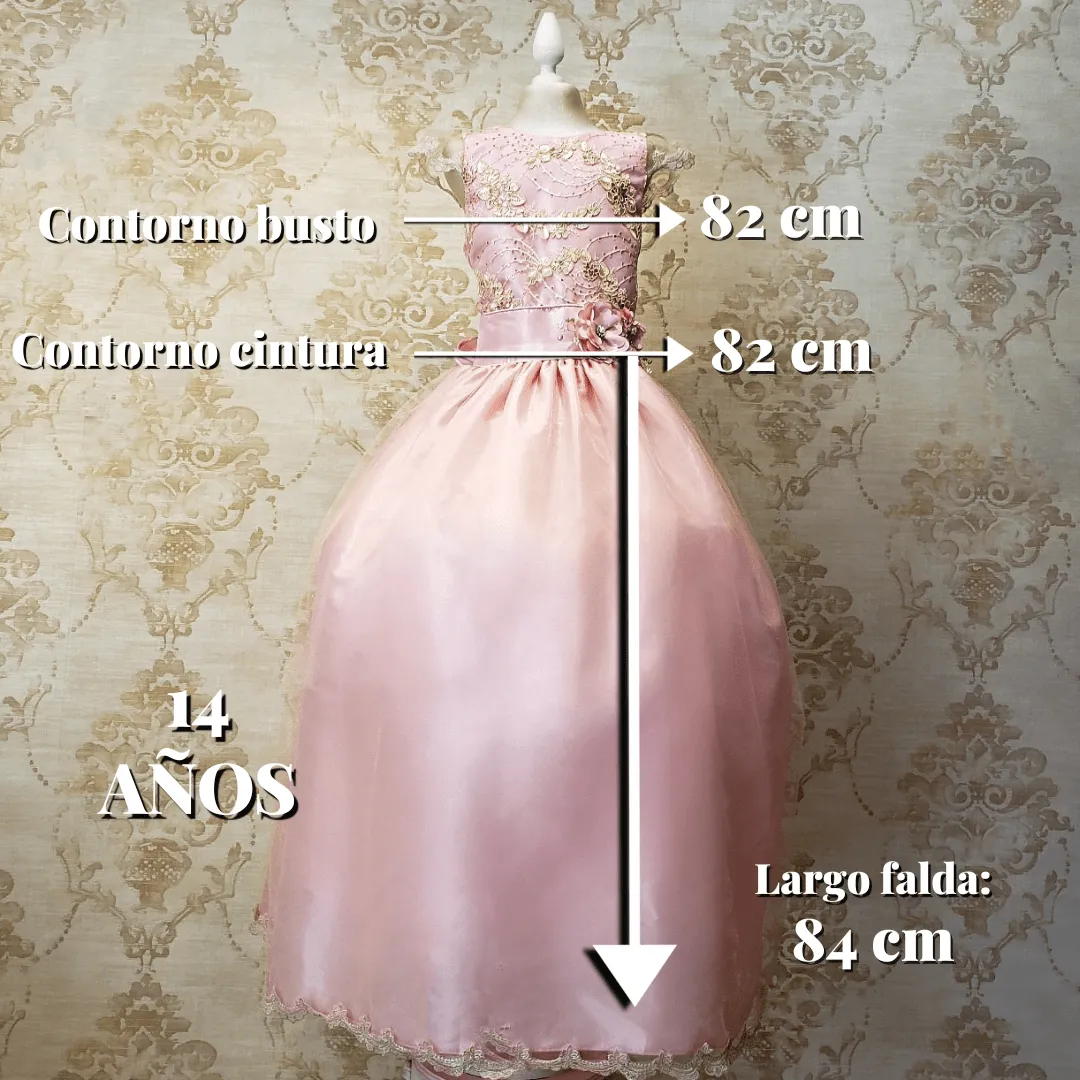 Vestido de Niña Fiesta Rosa Pastel con Encaje Oro Elegante Talla 14 a 16 Años