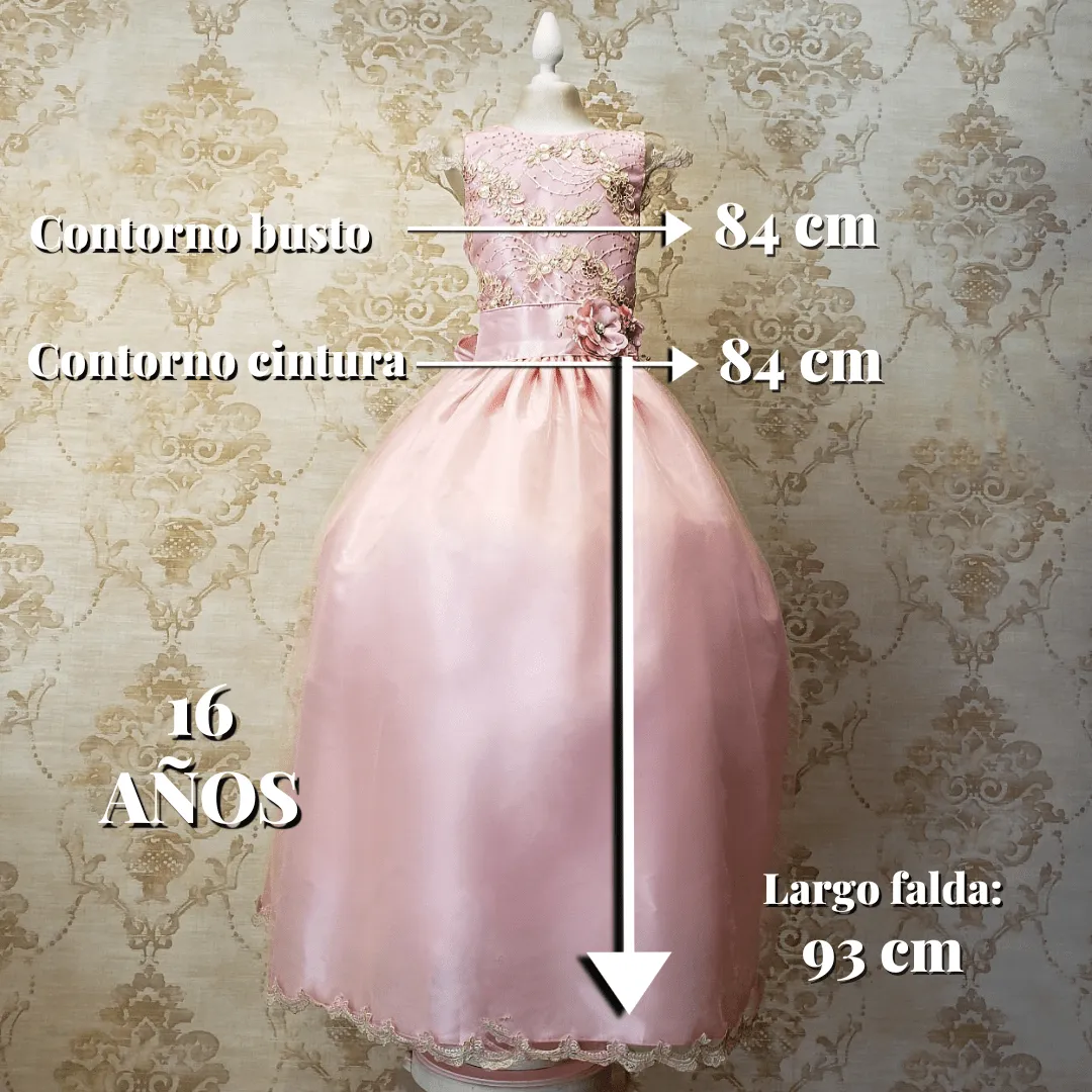 Vestido de Niña Fiesta Rosa Pastel con Encaje Oro Elegante Talla 14 a 16 Años