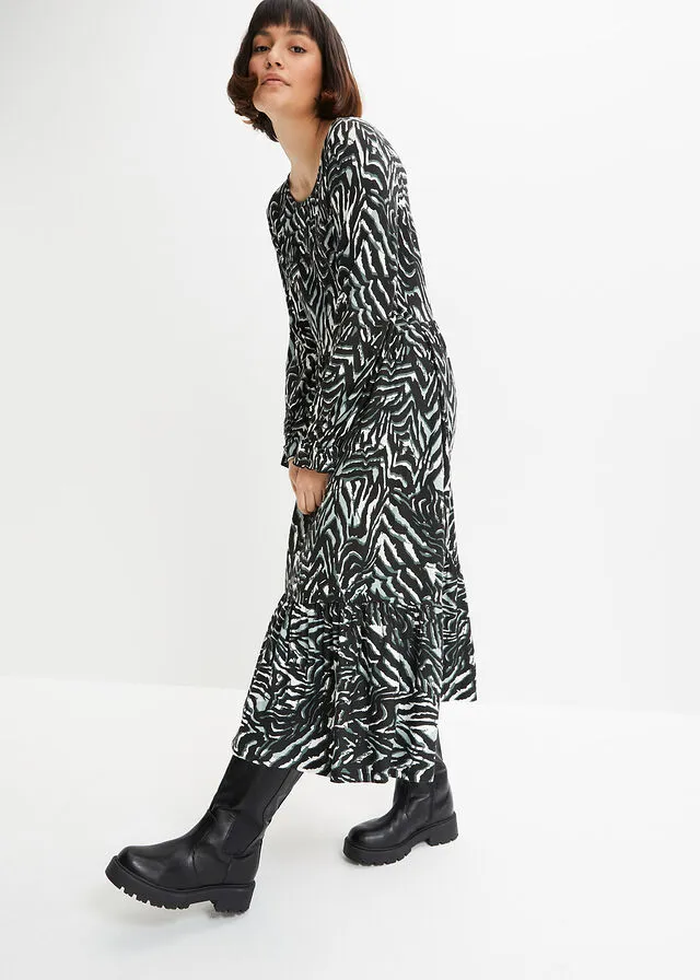 VESTIDO DE PUNTO NEGROPLATA MATEGRIS CON ESTAMPADO GRáFICO