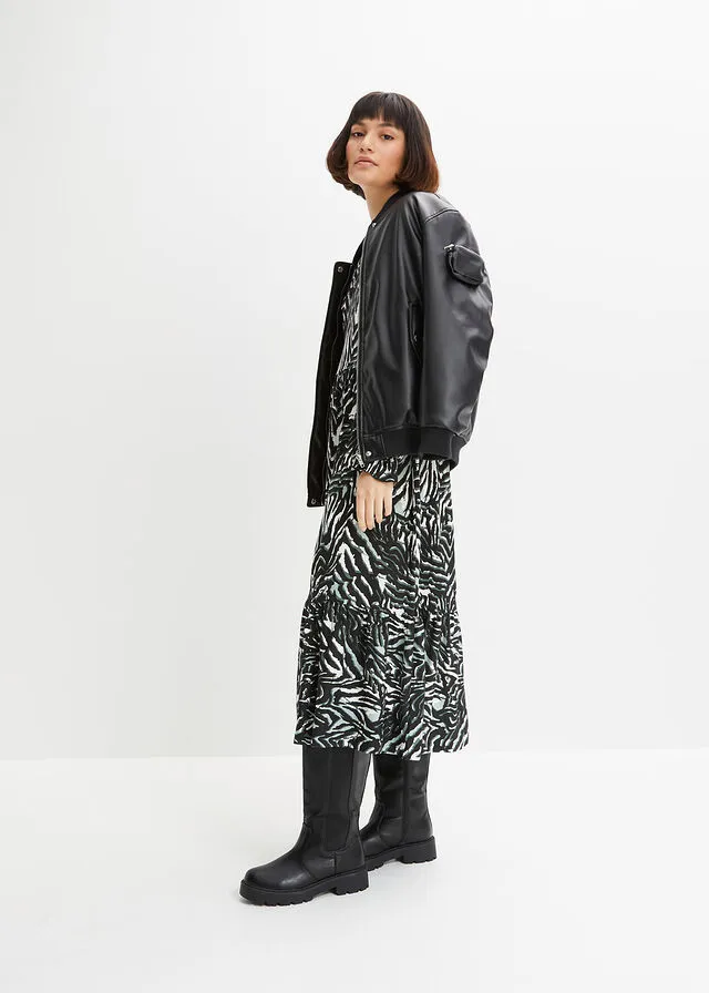 VESTIDO DE PUNTO NEGROPLATA MATEGRIS CON ESTAMPADO GRáFICO