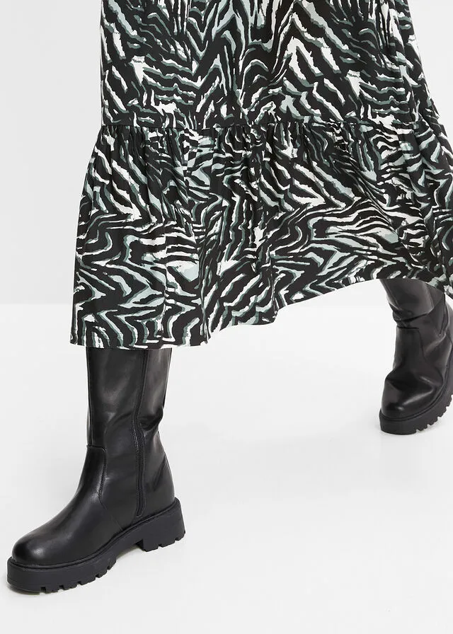 VESTIDO DE PUNTO NEGROPLATA MATEGRIS CON ESTAMPADO GRáFICO