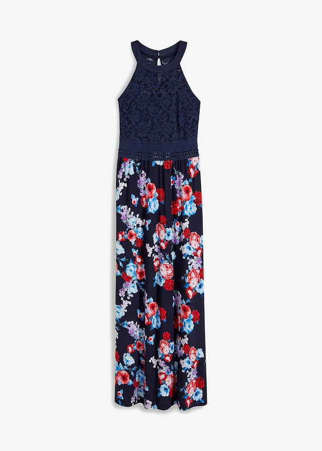 VESTIDO LARGO CON ESTAMPADO DE FLORES AZUL OSCUROROJO DE FLORES