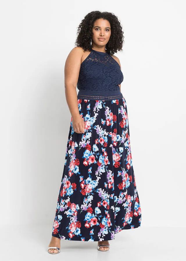 VESTIDO LARGO CON ESTAMPADO DE FLORES AZUL OSCUROROJO DE FLORES