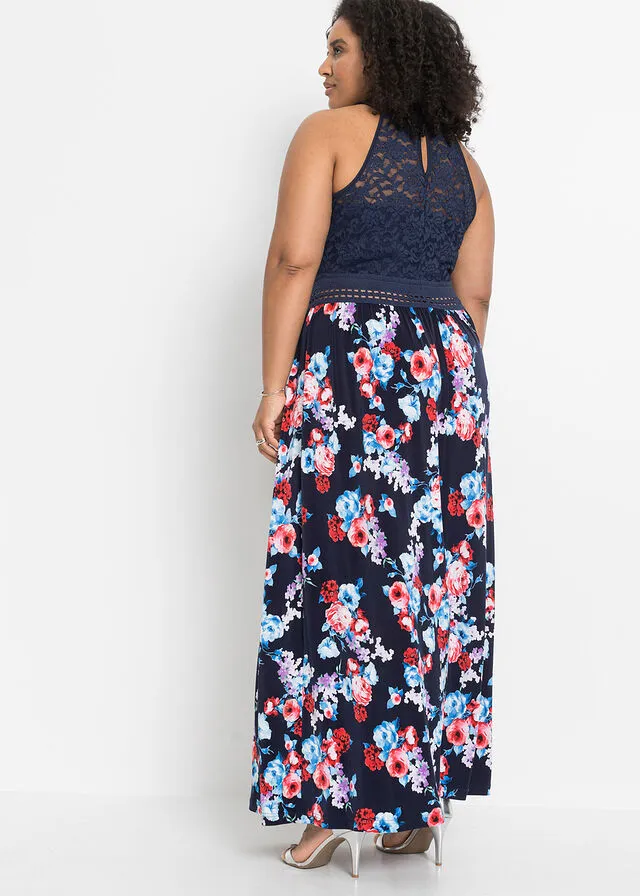 VESTIDO LARGO CON ESTAMPADO DE FLORES AZUL OSCUROROJO DE FLORES