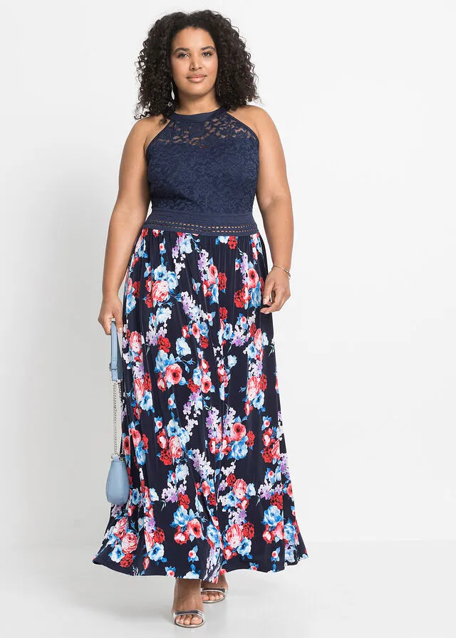 VESTIDO LARGO CON ESTAMPADO DE FLORES AZUL OSCUROROJO DE FLORES