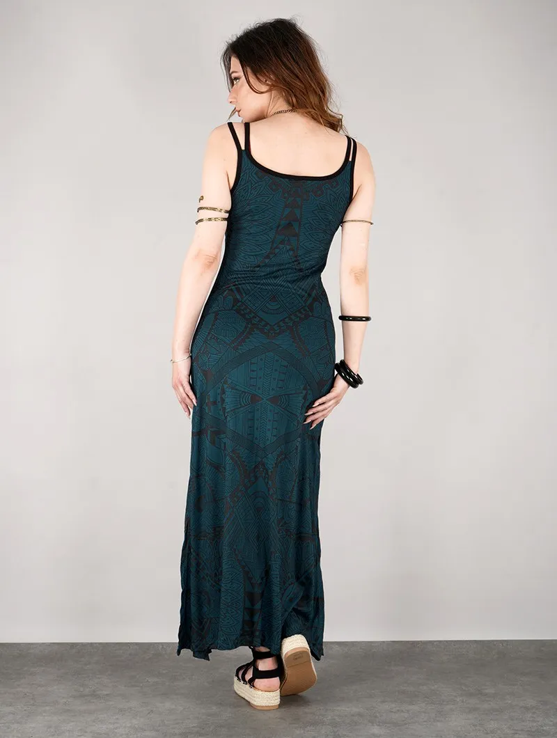Vestido largo estampado con abertura y tirantes 