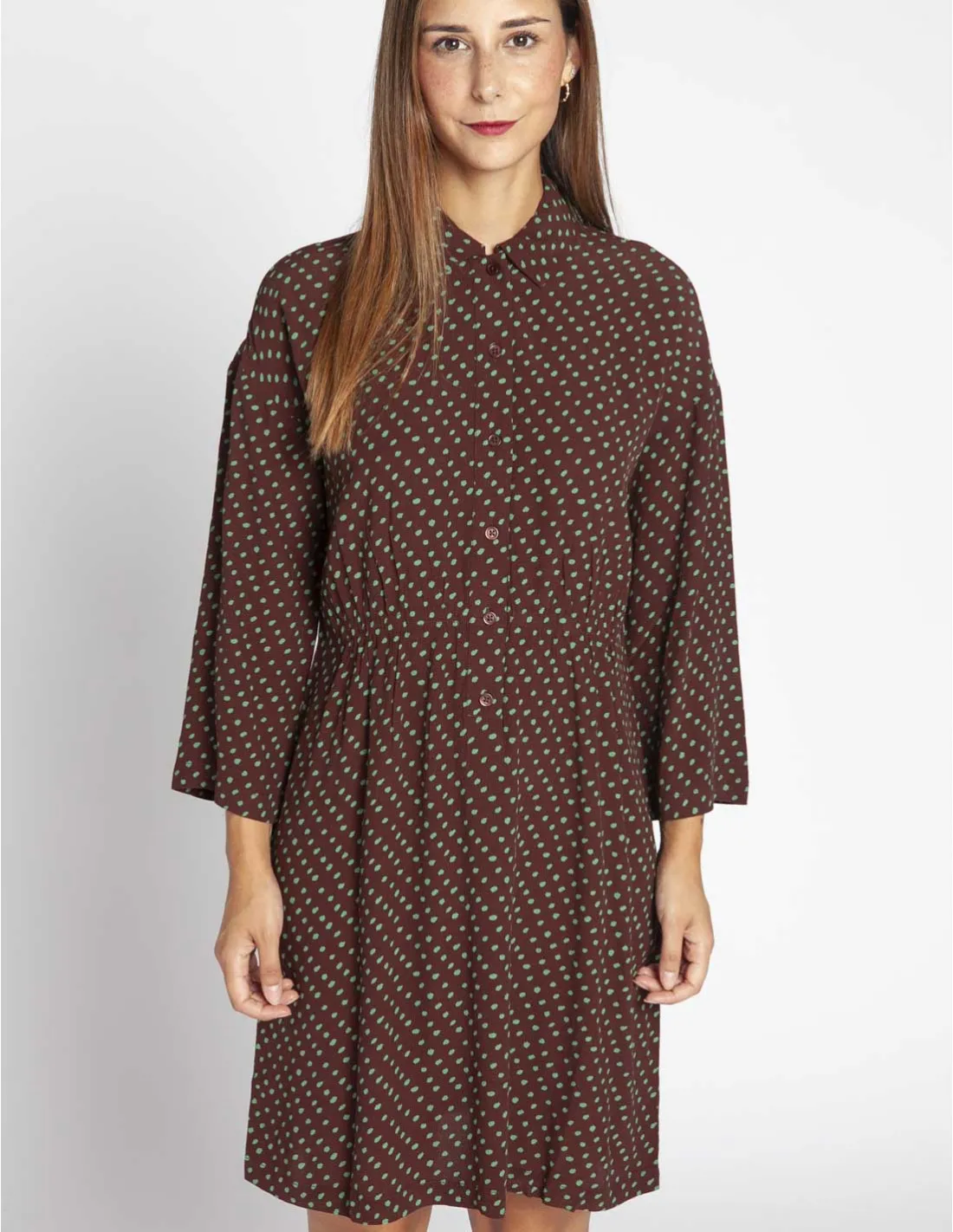 VESTIDO MARRON LUNARES VERDES NICE THINGS