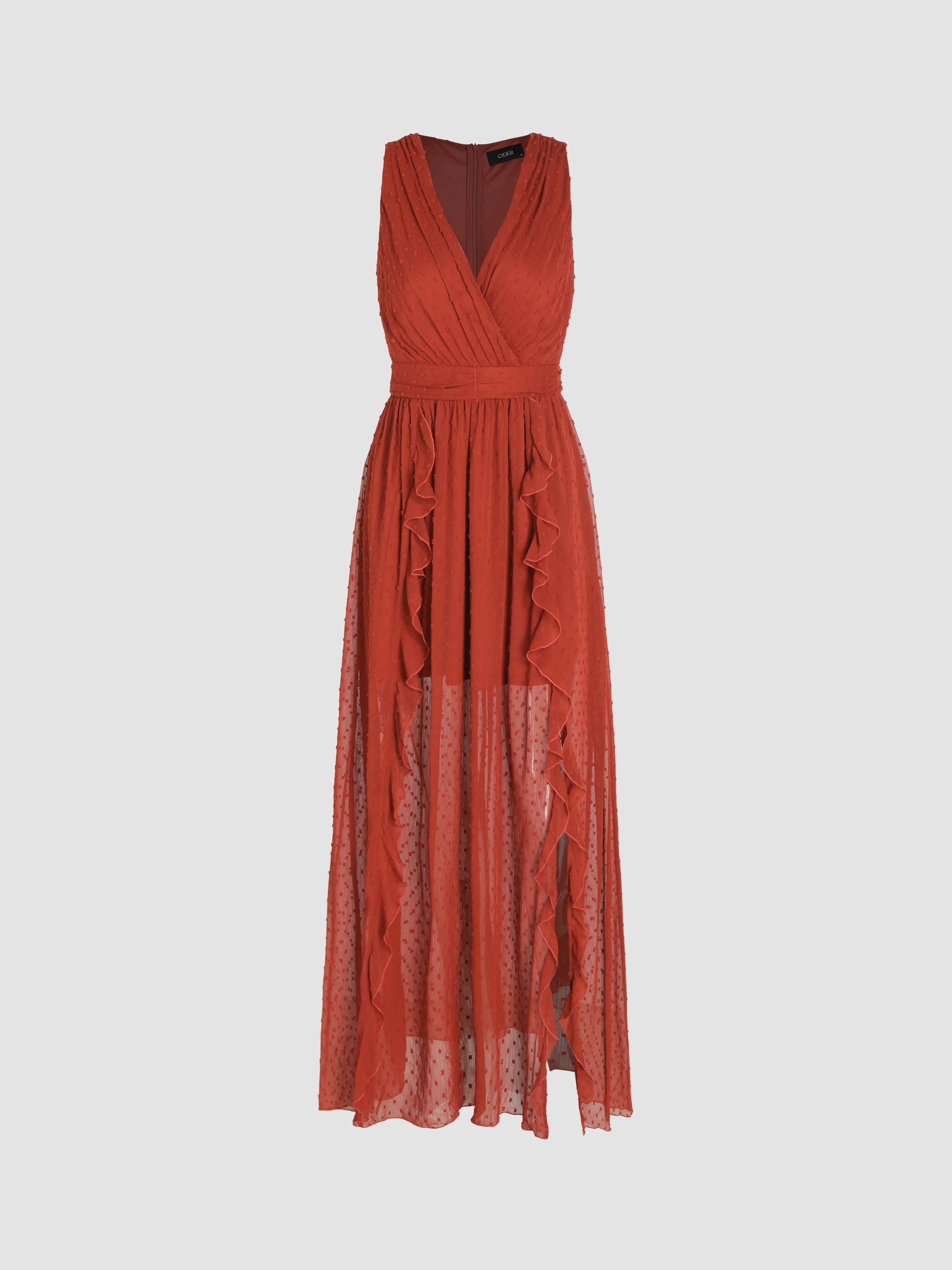 Vestido Maxi con Cuello en V y Volante en el Dobladillo