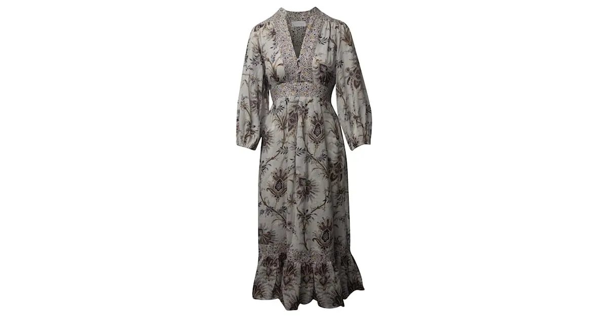 VESTIDO MIDI Zimmermann floral en lino color crema Blanco Crudo 