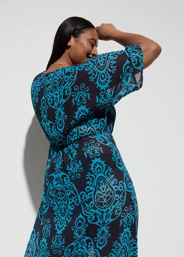 Vestido tipo kimono de gasa para la playa azul marino + azul pálido